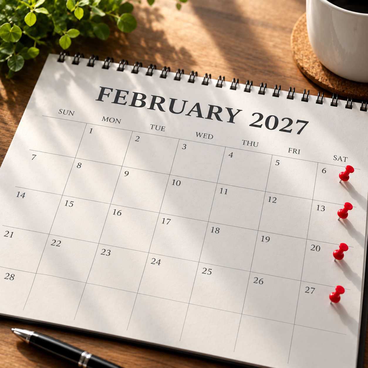 Calendar with February 2027 and pins on the Saturdays